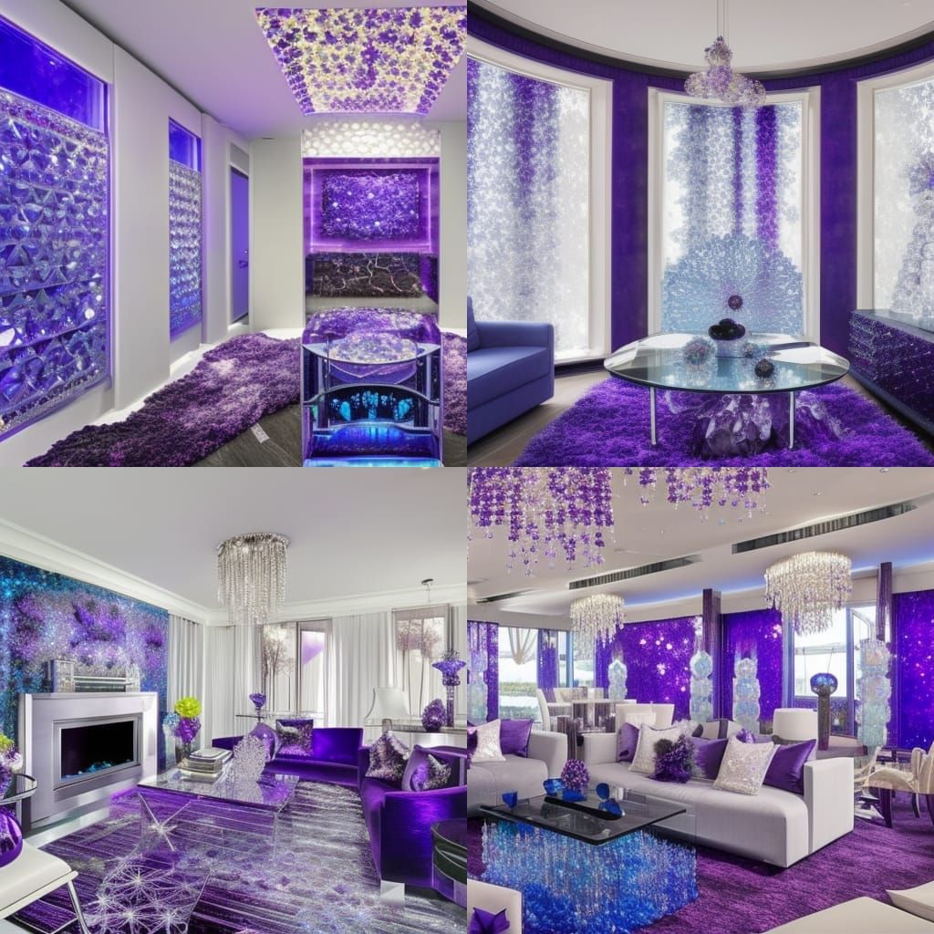 Crystal penthouse with Blue crystal walls with amethyst fractals clusters& Silver fractals accents& amethyst cluster fur...
