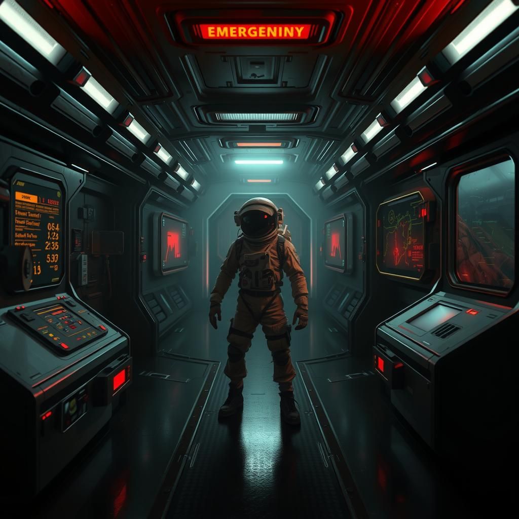 Ominous Spaceship Corridor in Dystopian Style