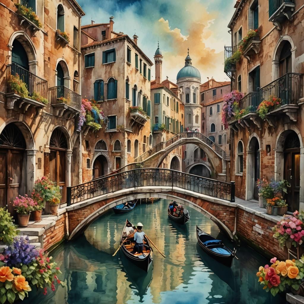 Modern Venetian Canal Scene in Watercolour