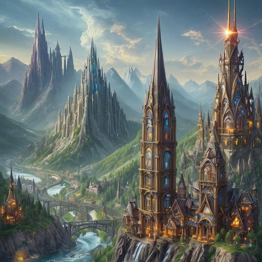 bright future beautiful spires of utopian city rise from mountainside happy people sparkling river flows nearby harmonio...
