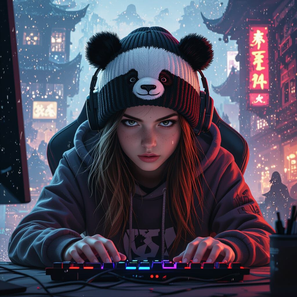 Girl Gaming with Panda Beanie in Dark Fantasy Style
