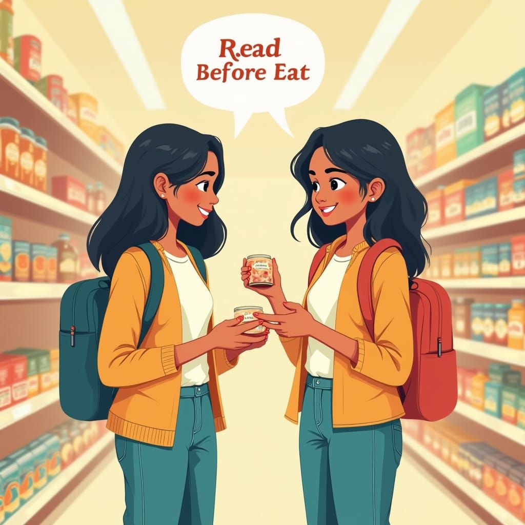 Indian College Girls in Grocery Store: Flat-Style Illustrati...