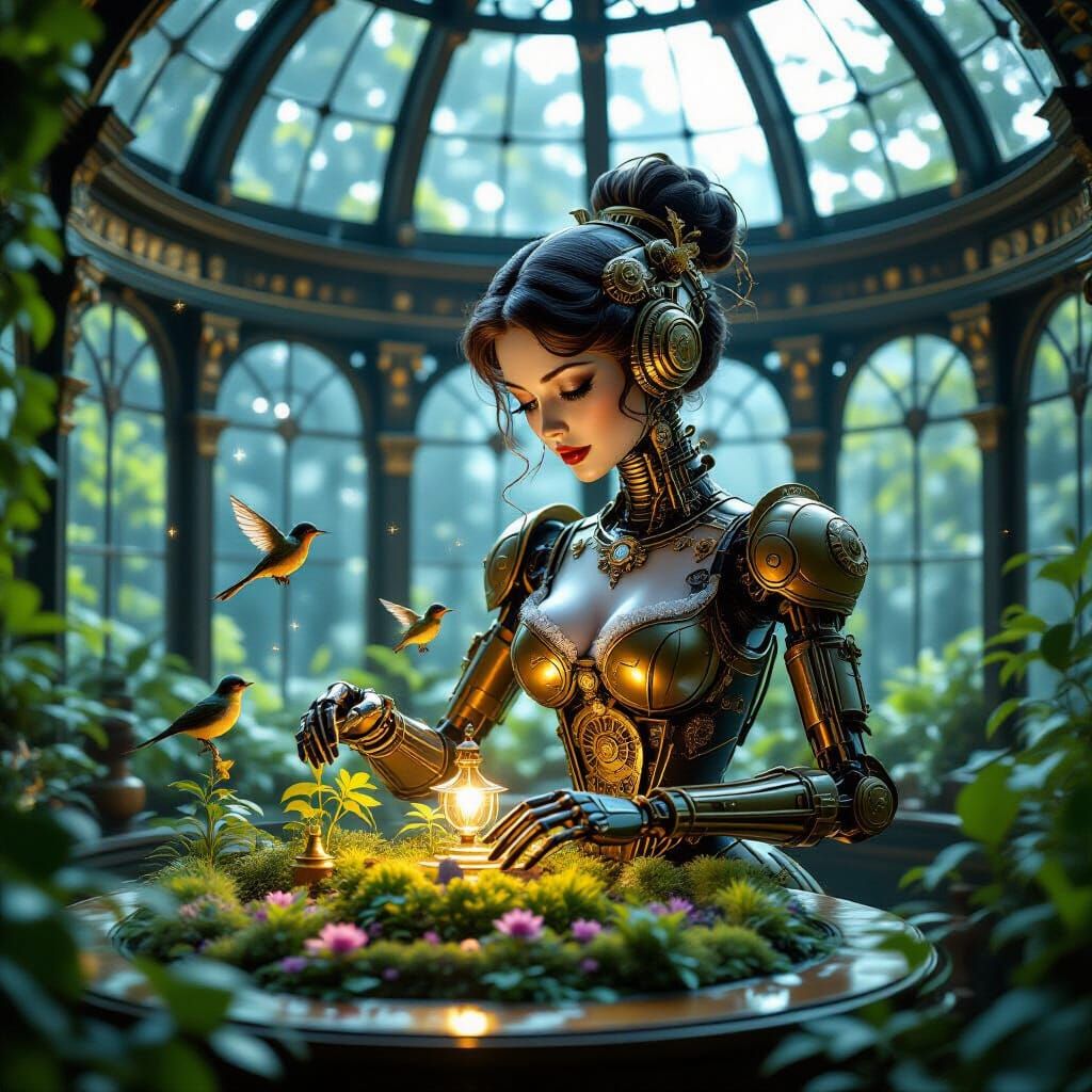 Clockwork Automaton Tending Garden in Victorian Observatory