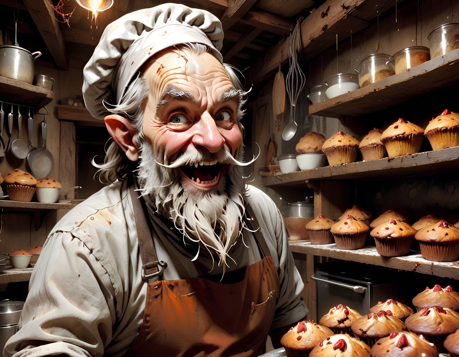 Jolly Hobbit Baker in Rustic Kitchen, Comic Art