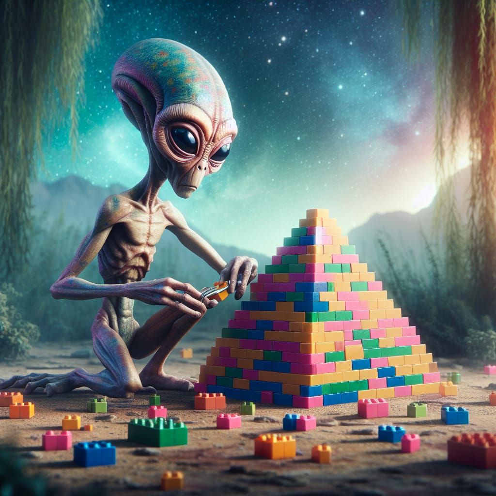 Alien Architect Building Pyramid with Colorful Bricks