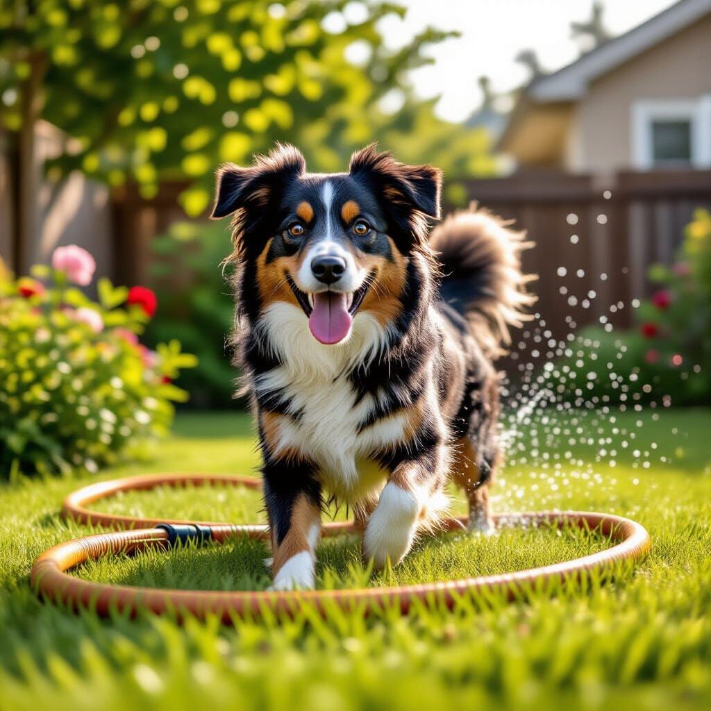 Happy Dog Plays in Yard Near Ominous Garden Hose