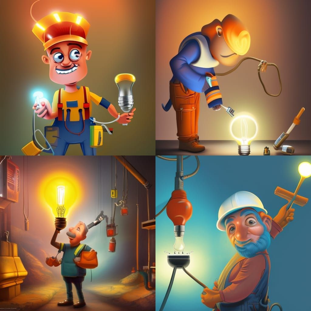 Cartoon Electrician with Light Bulb: Detailed Digital Art