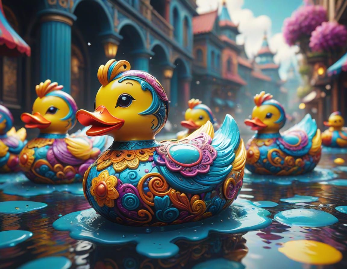 Vibrant Street Art Parade: Colorful Rubber Ducks in Intricat...