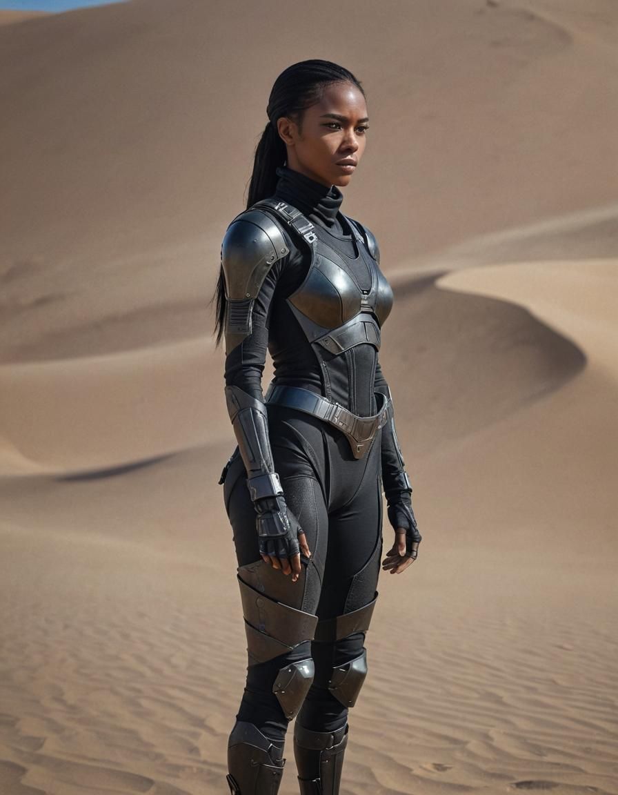 Futuristic Android Assassin in Dune-like Desert