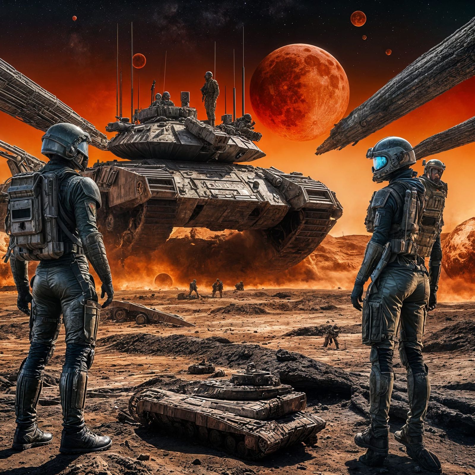 Soldiers Guard Hover Tank Under Blood Moon