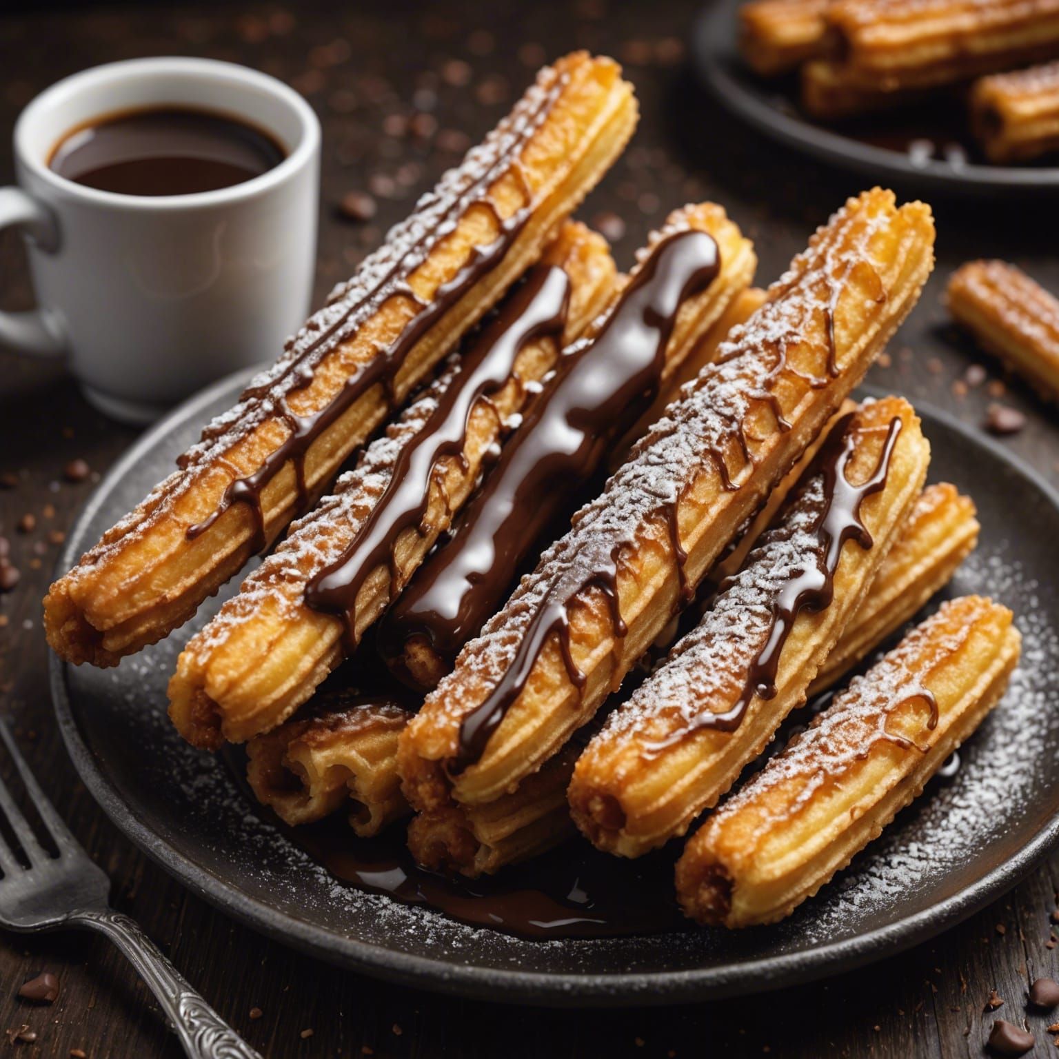 Delicious Chocolate-Dripping Churros, Hyperrealistic Image