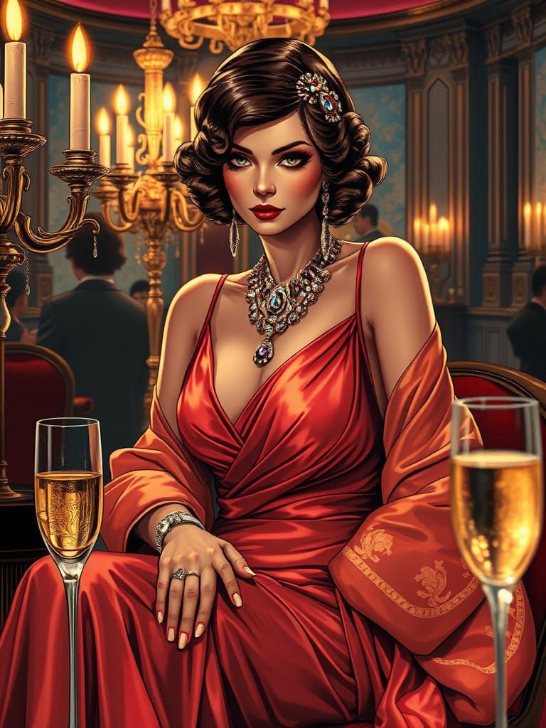 Elegant Diva of 1920s High Society in Opulent Manga Style