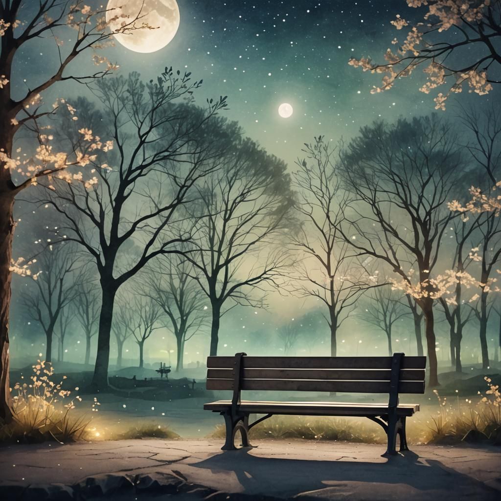 Moonlit 3D Paper Park Bench Landscape