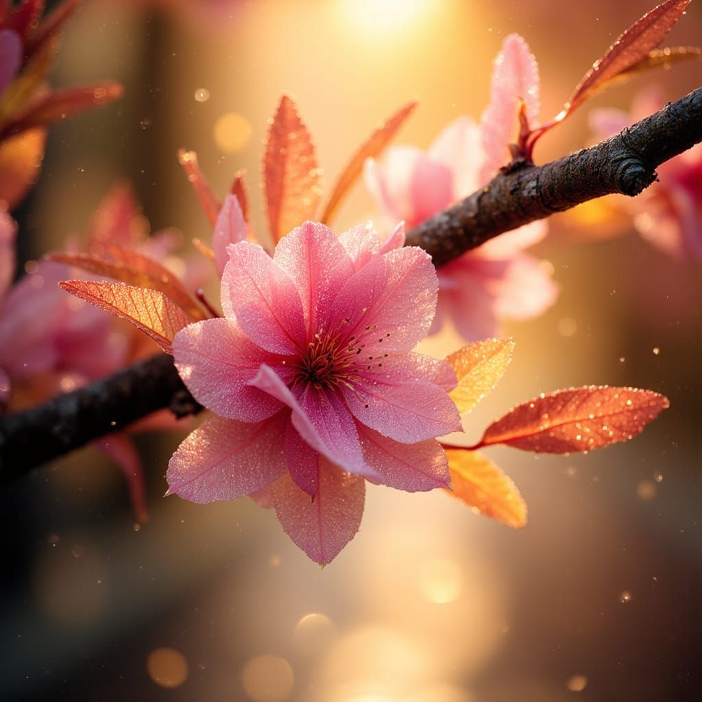 Golden Hour Cherry Blossoms on Tree Branch in Rainy Reflecti...
