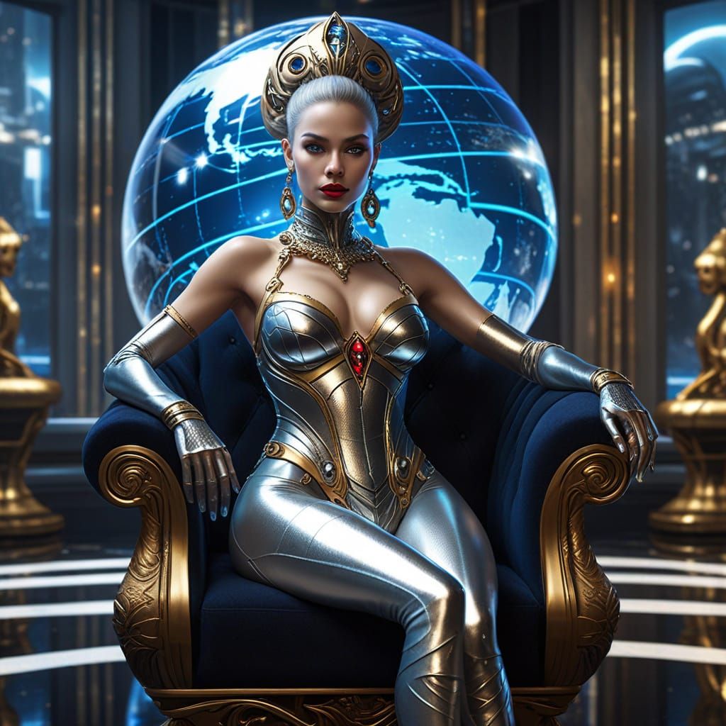 Alien Empress on Futuristic Throne in Photorealistic Style
