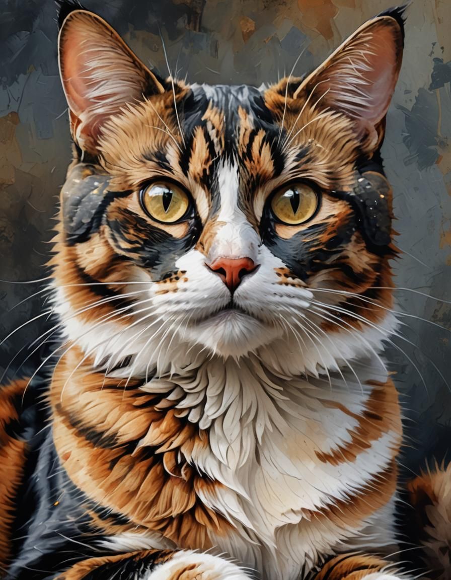 Realistic Calico Cat Portrait with Impasto Brushstrokes