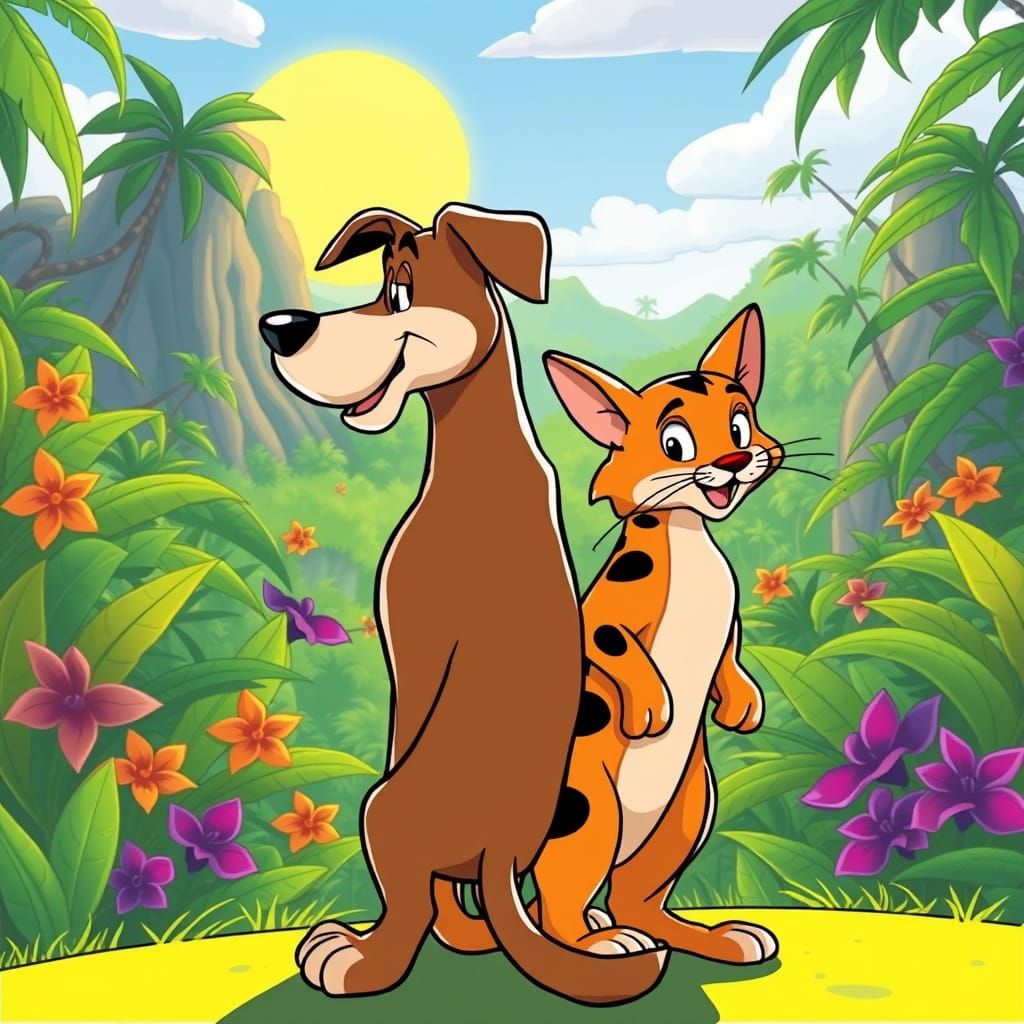 Classic Cartoon Duo Stands Tall in Jungle Paradise