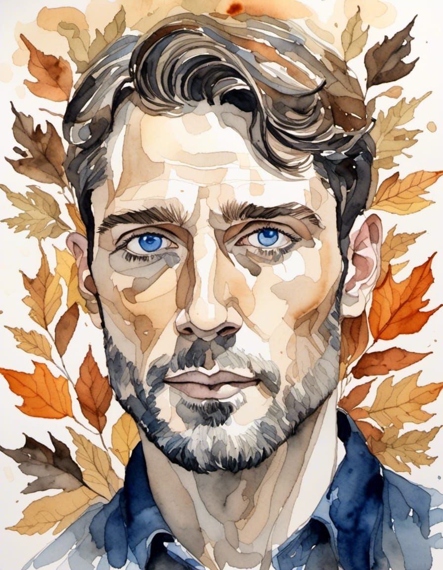 Watercolor Portrait of a Man in Autumn Garden