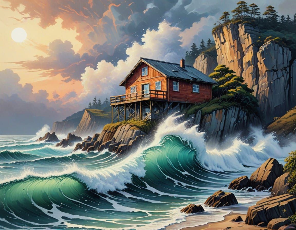 Ethereal Manga-Inspired Wave Crashes Against Cliffside Woode...