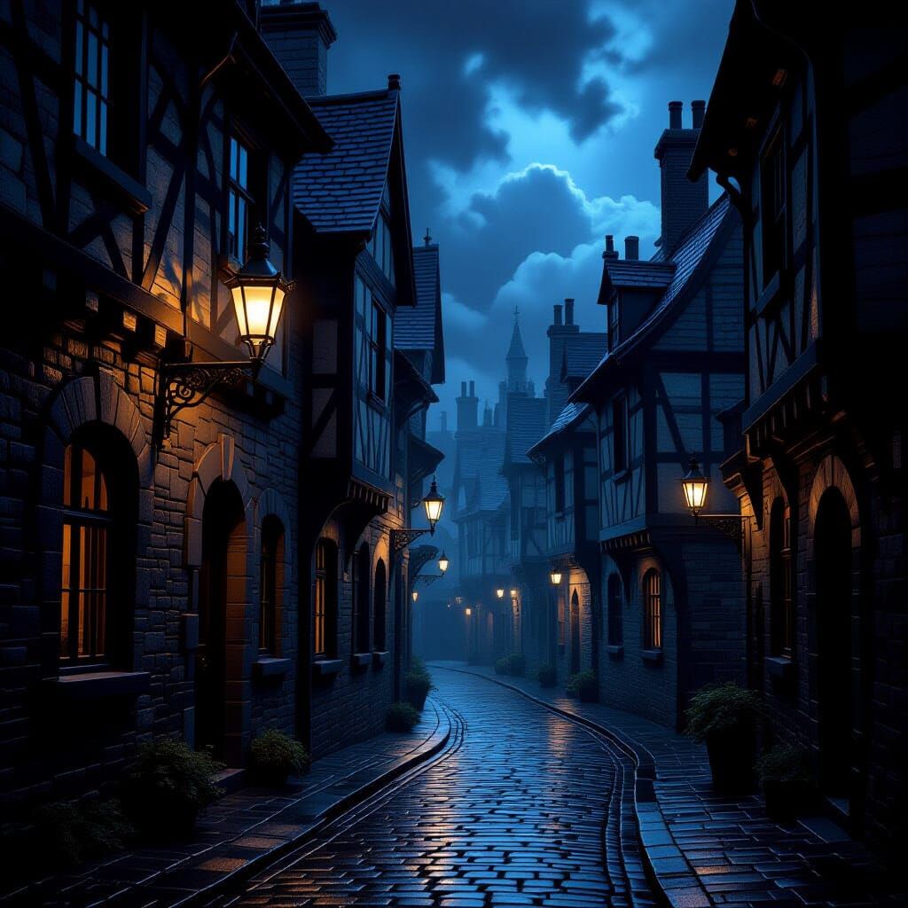 Shadowy Medieval Alleyway at Dusk, Dark Fantasy Style