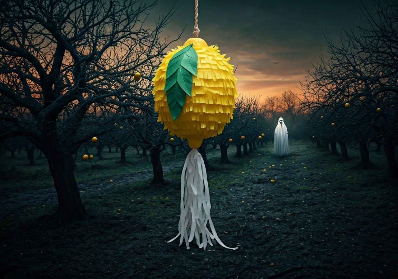 Surreal Piñata Form in a Dusk Abandoned Orchard