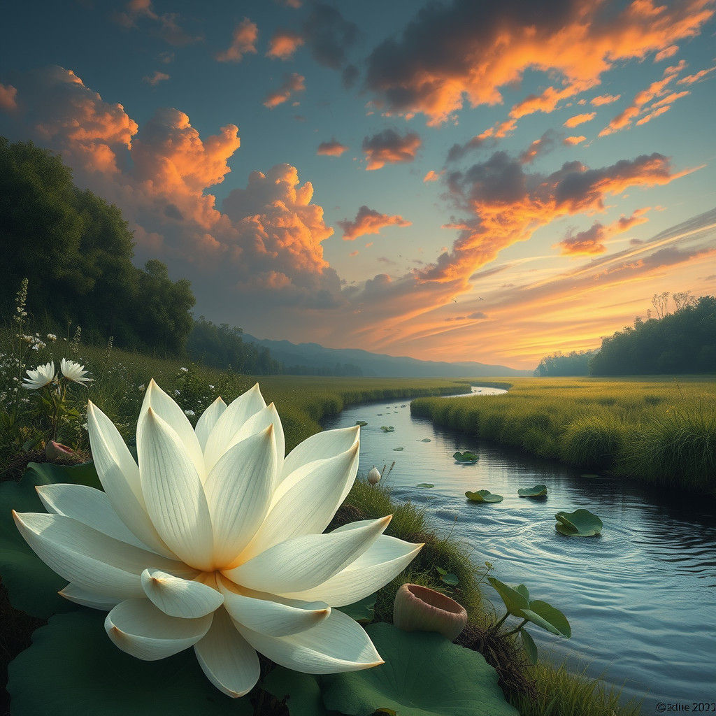 Fairy Releasing Lotus Flower at Sunset