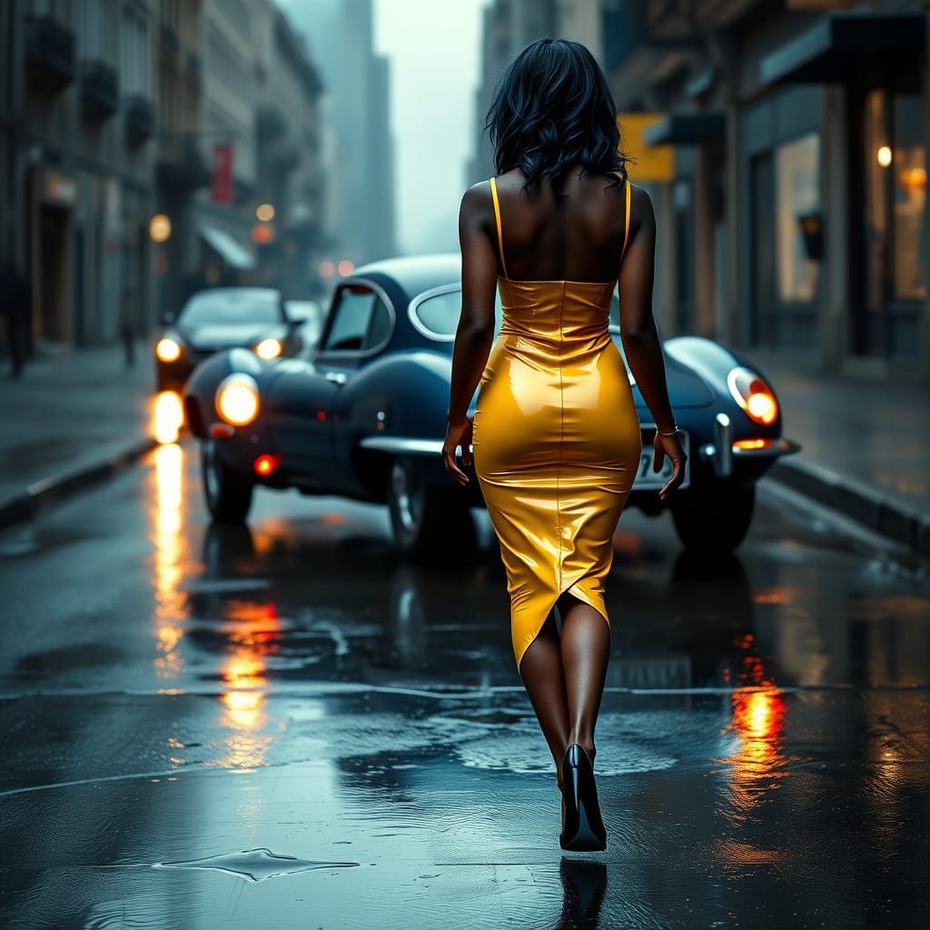 Mature Woman in Yellow Latex Dress Approaches Vintage Jaguar...