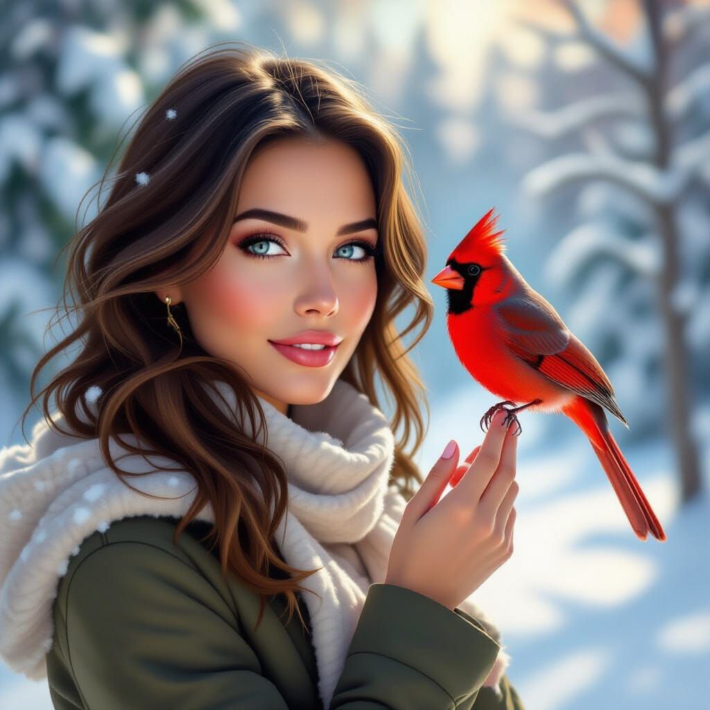Woman with Cardinal in Winter Landscape, Photorealistic Digi...