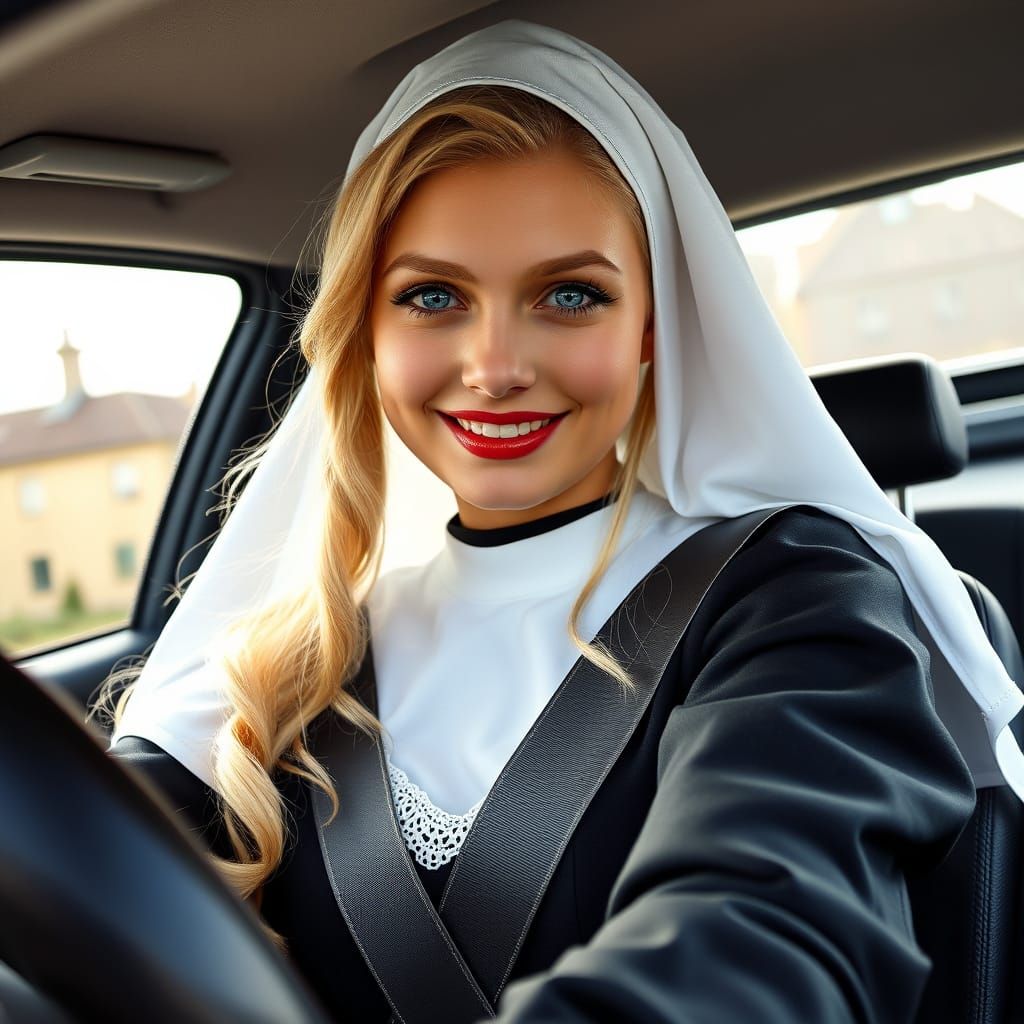 A Young Nun in Racing Gear, Driven by Enigmatic Smile