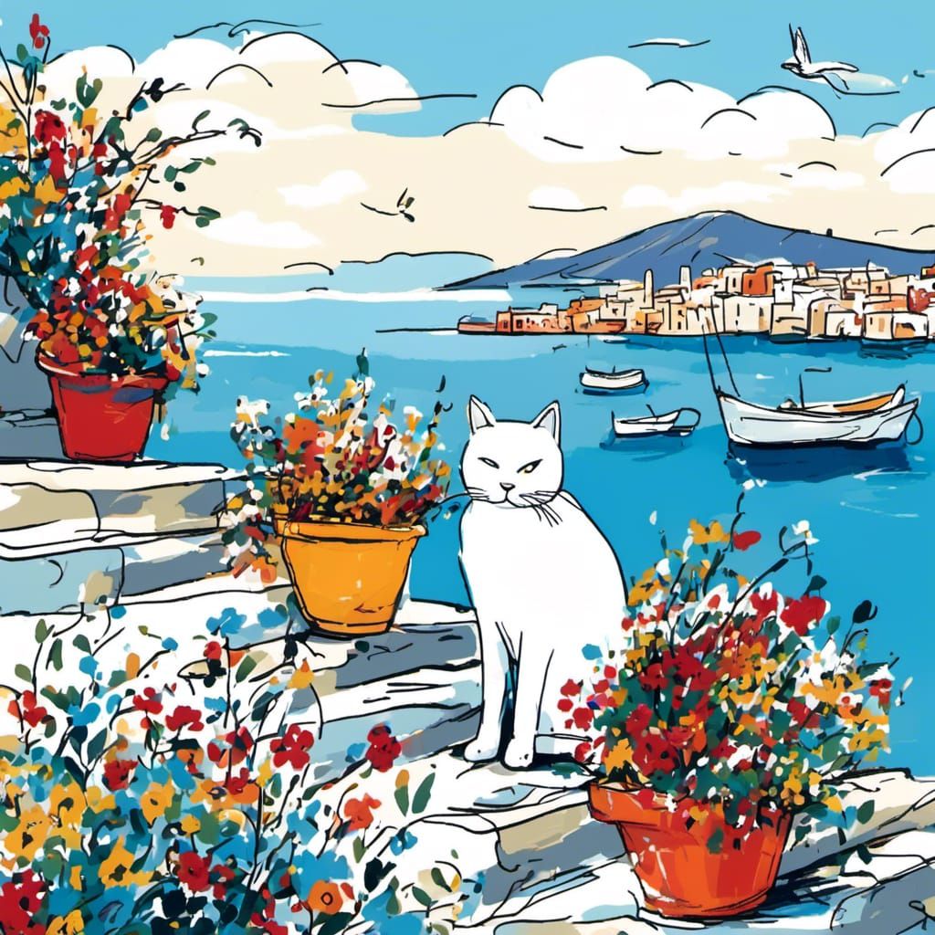 Stick Figure Cat in Santorini, Scribble Art