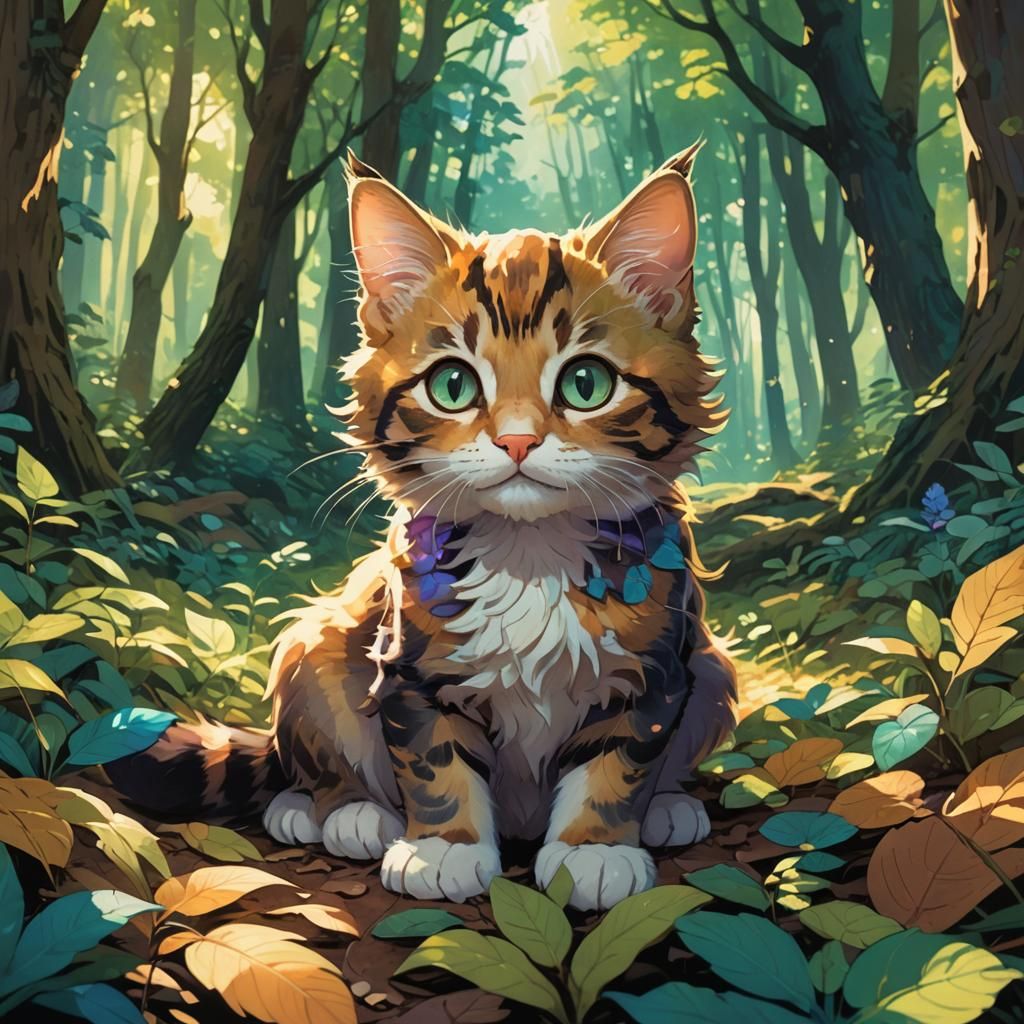 Happy Kitten Playing in Sun-Dappled Forest