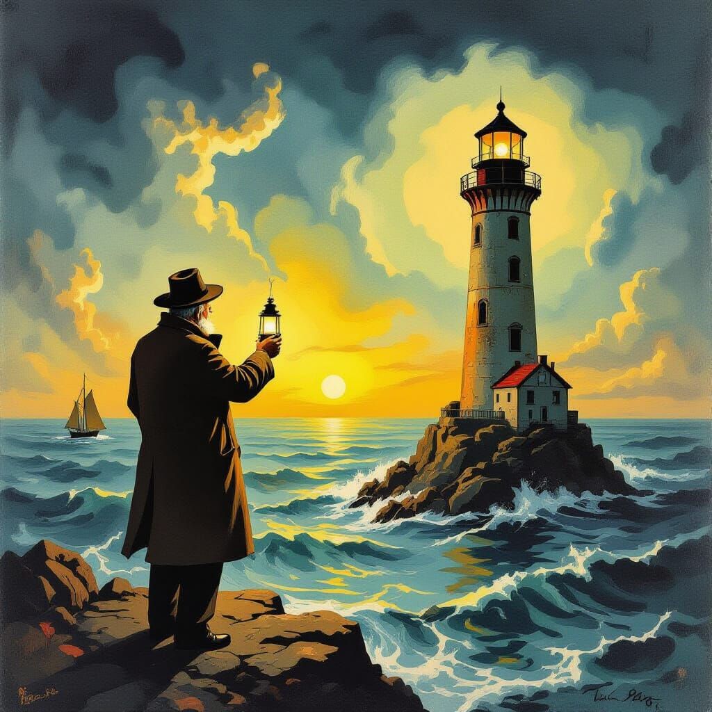 Surreal Lighthouse Keeper in a Melting Landscape