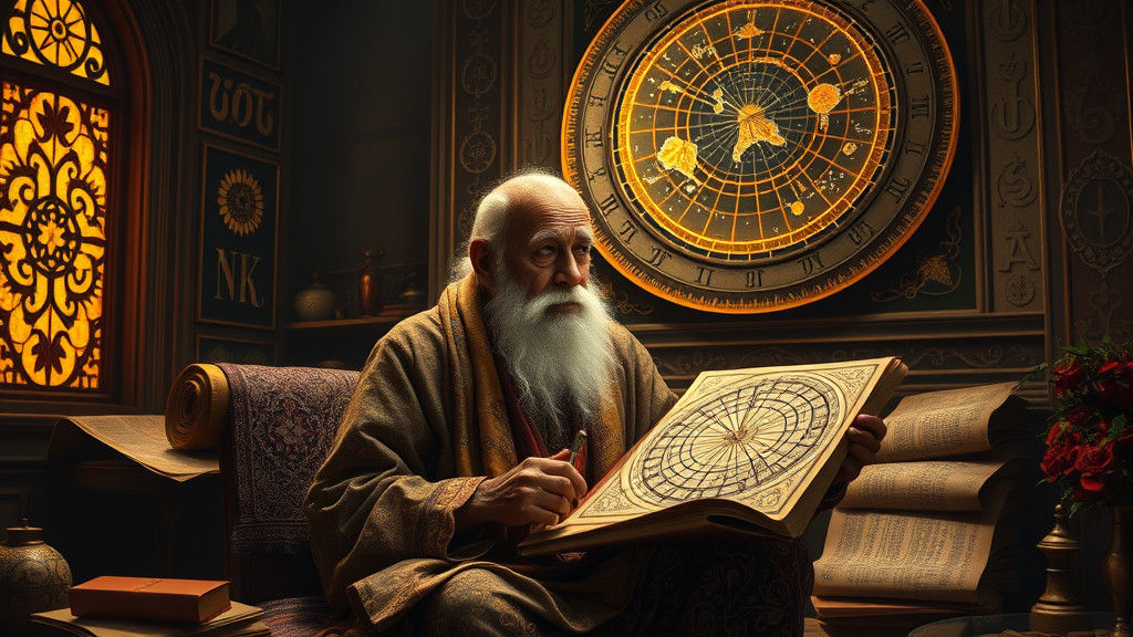 Astrologer Deciphers Universe Secrets in Ornate Study