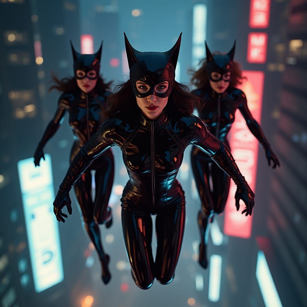 Latex Superheroines Fly Through Neon Cityscape
