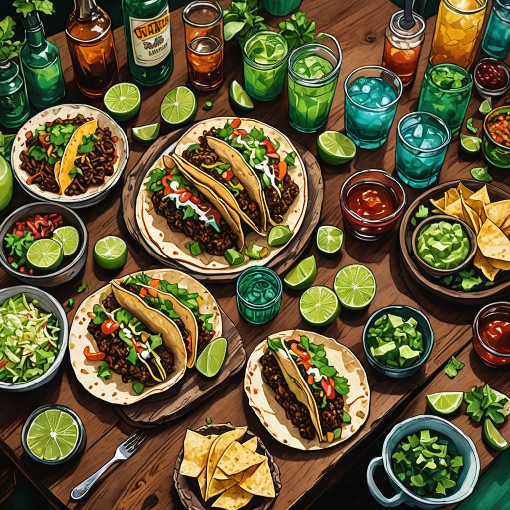 Taco Bar Illustration in Alcohol Ink Style