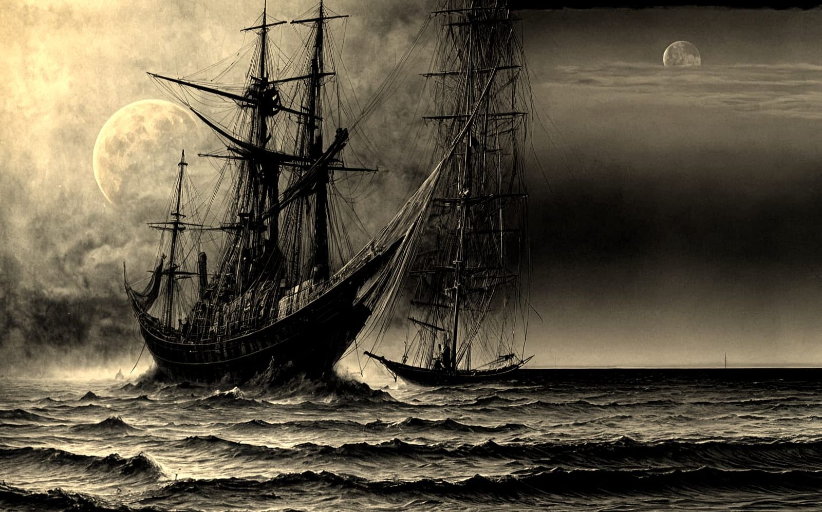 Viking Drakkar Ship Under Full Moon in Giger Style