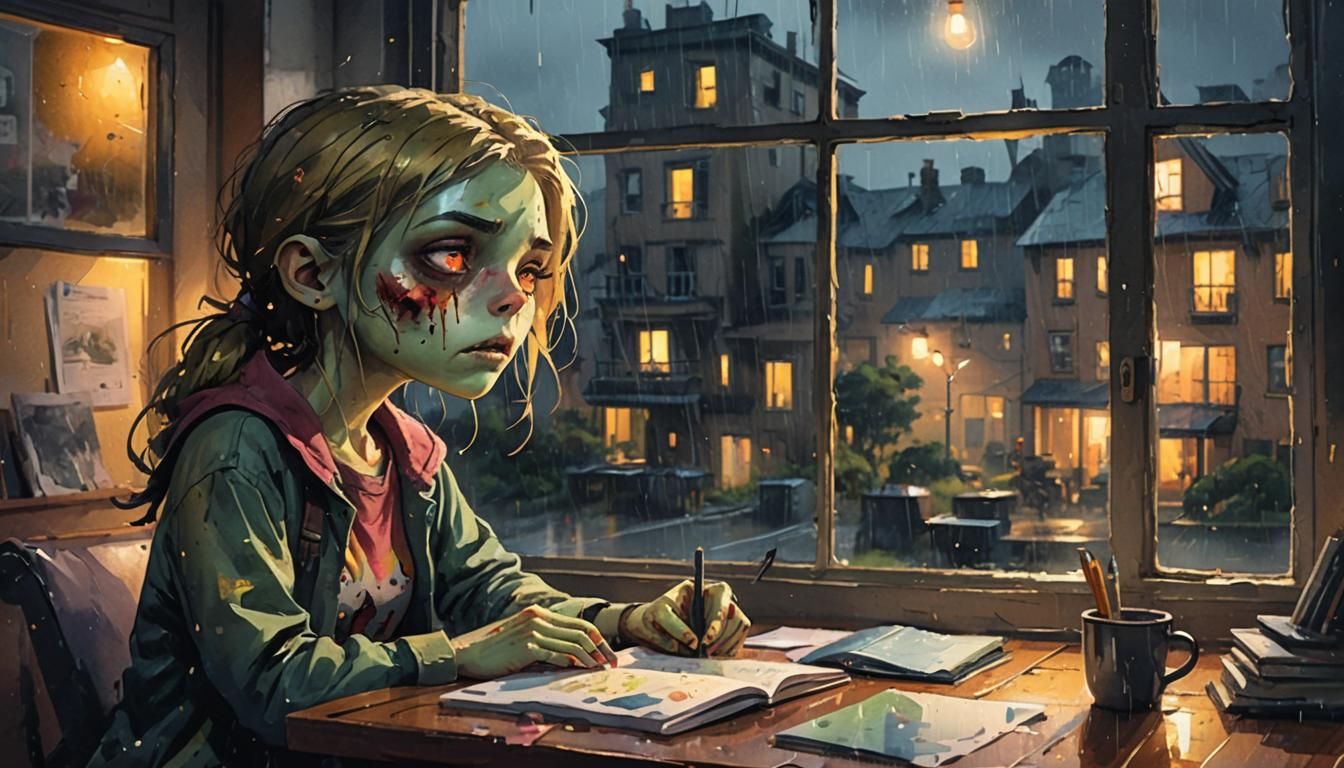 Zombie Girl Studies Rainy Night: Vibrant Watercolor
