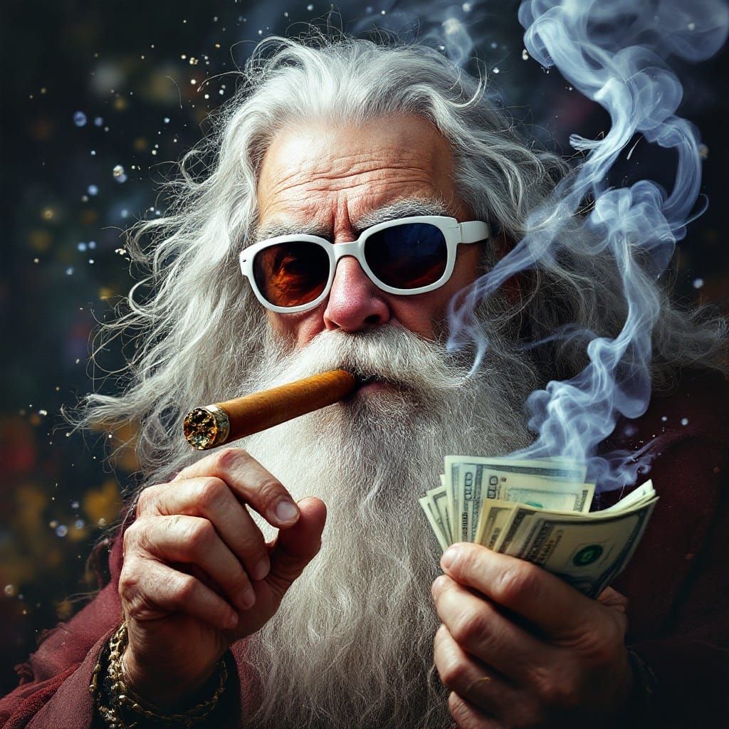 Gandalf with Cigar and Cash in Hyperrealistic Style