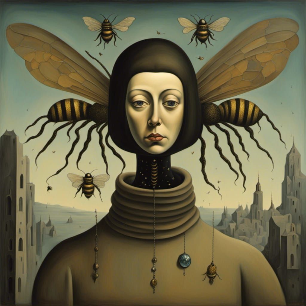Dark Surreal Bee Character in Whimsical Style