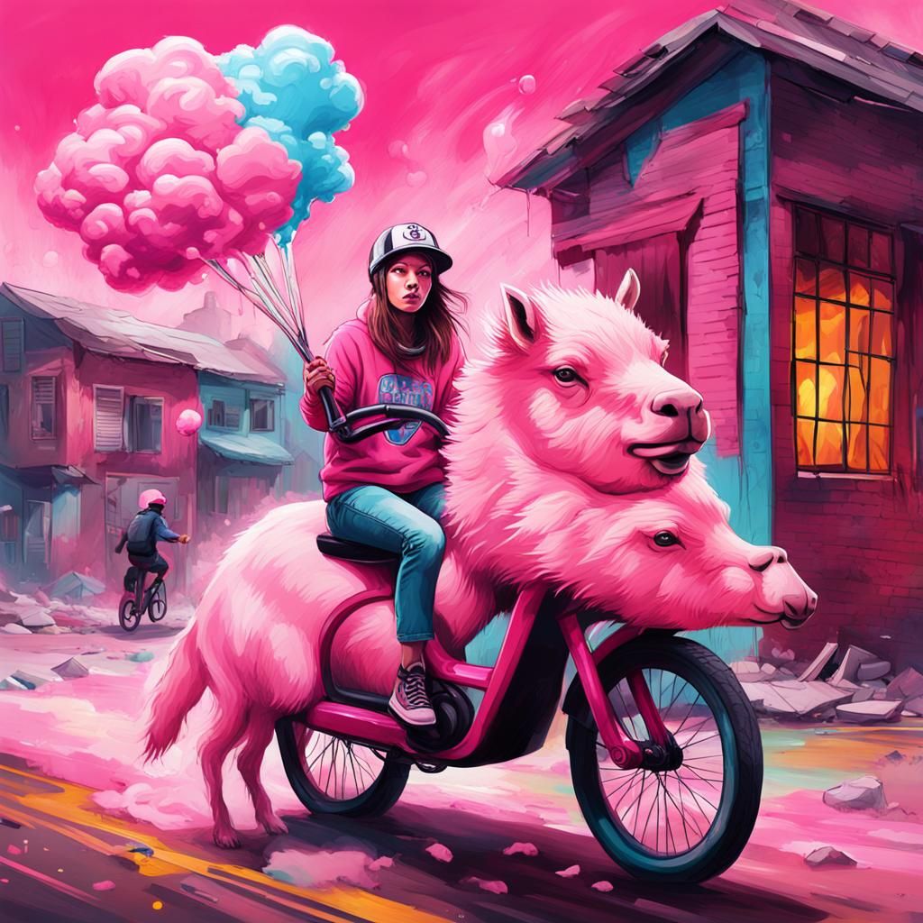 Woman on Pink Capybara Amidst Burning Houses