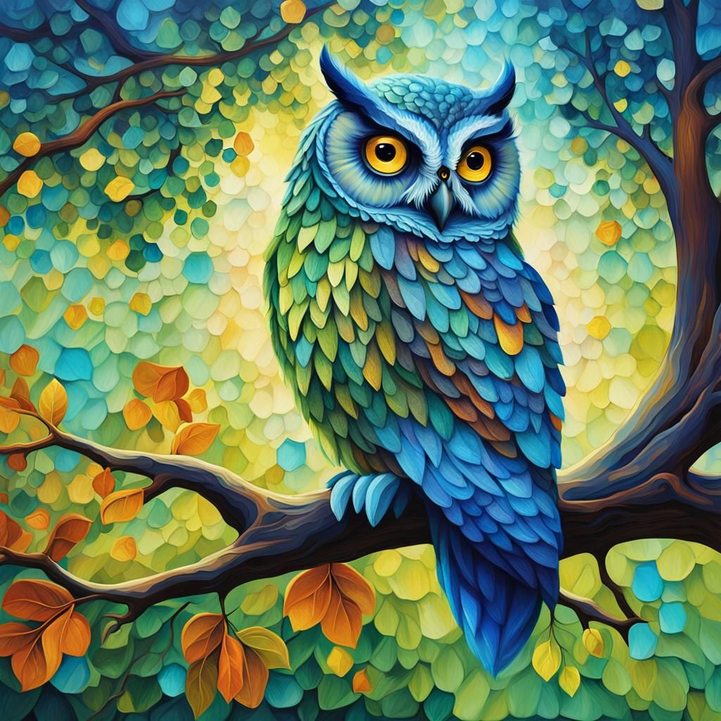 Colorful Owl in Hundred Acre Wood, Oil Painting