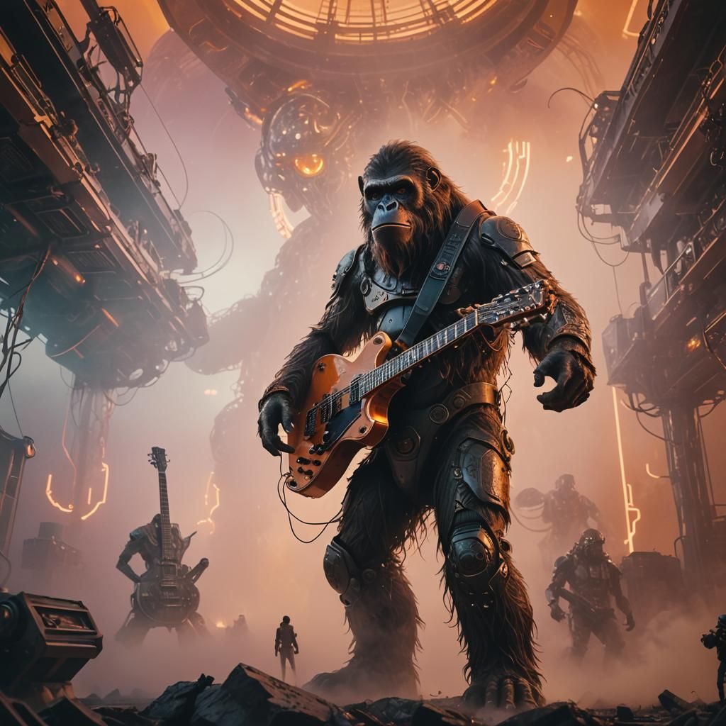 Futuristic Ape Guitarist in Sci-Fi Scene