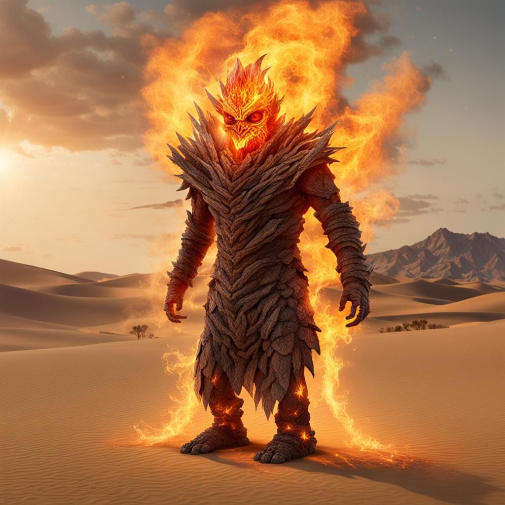 Mystical Fire Creature in Desert Landscape
