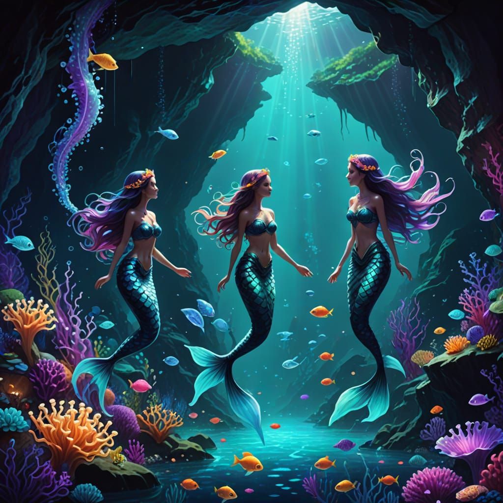 Mystical Mermaids in Bioluminescent Cave