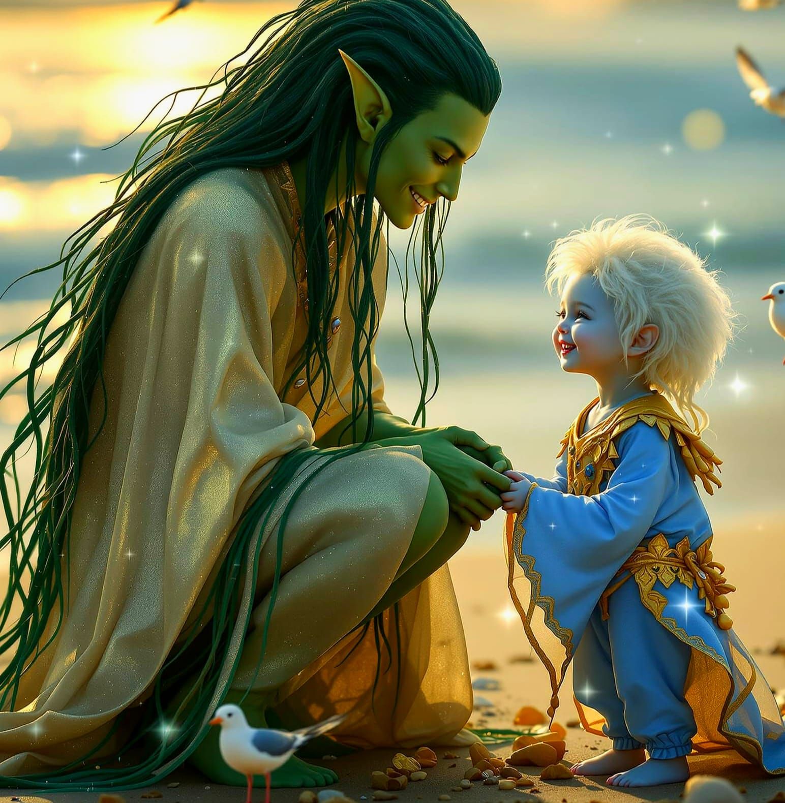 Elf Aliens Share Tender Moment on Pristine Beach at Dawn