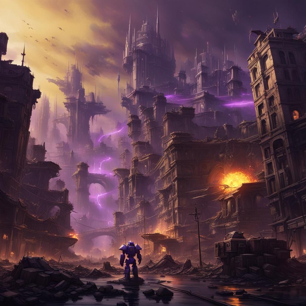 Robots Attack a Chaotic City: Dark Fantasy Concept Art