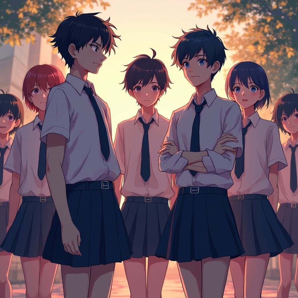 Boys in Skirts: Vibrant Manga Scene in Anime Style