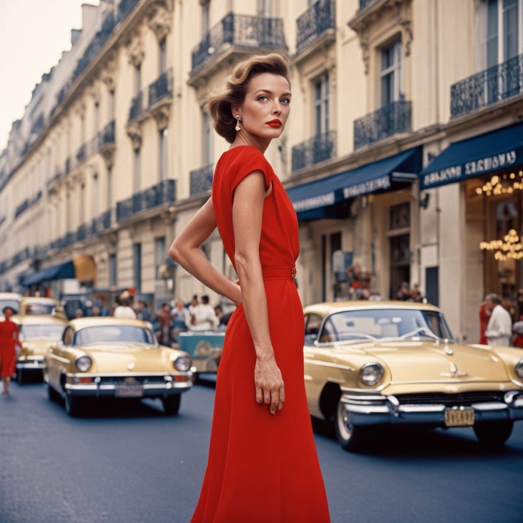 Parisian Elegance: Woman in Red Dress, Avedon Style