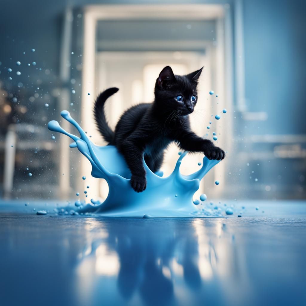 Black Kitten and Milk Splash in Digital Painting