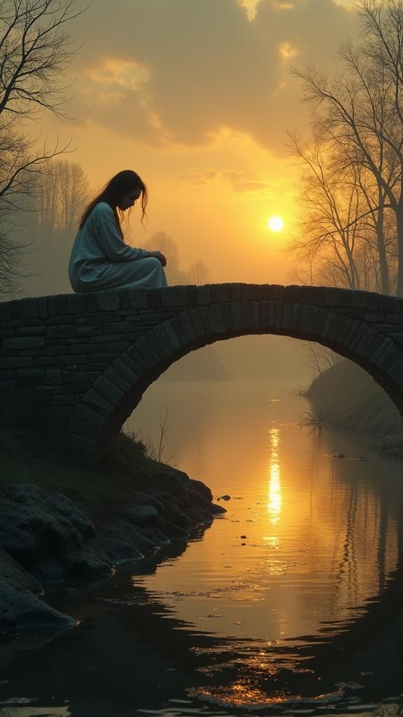 Contemplative Woman on Bridge: Impressionistic Dystopian Art